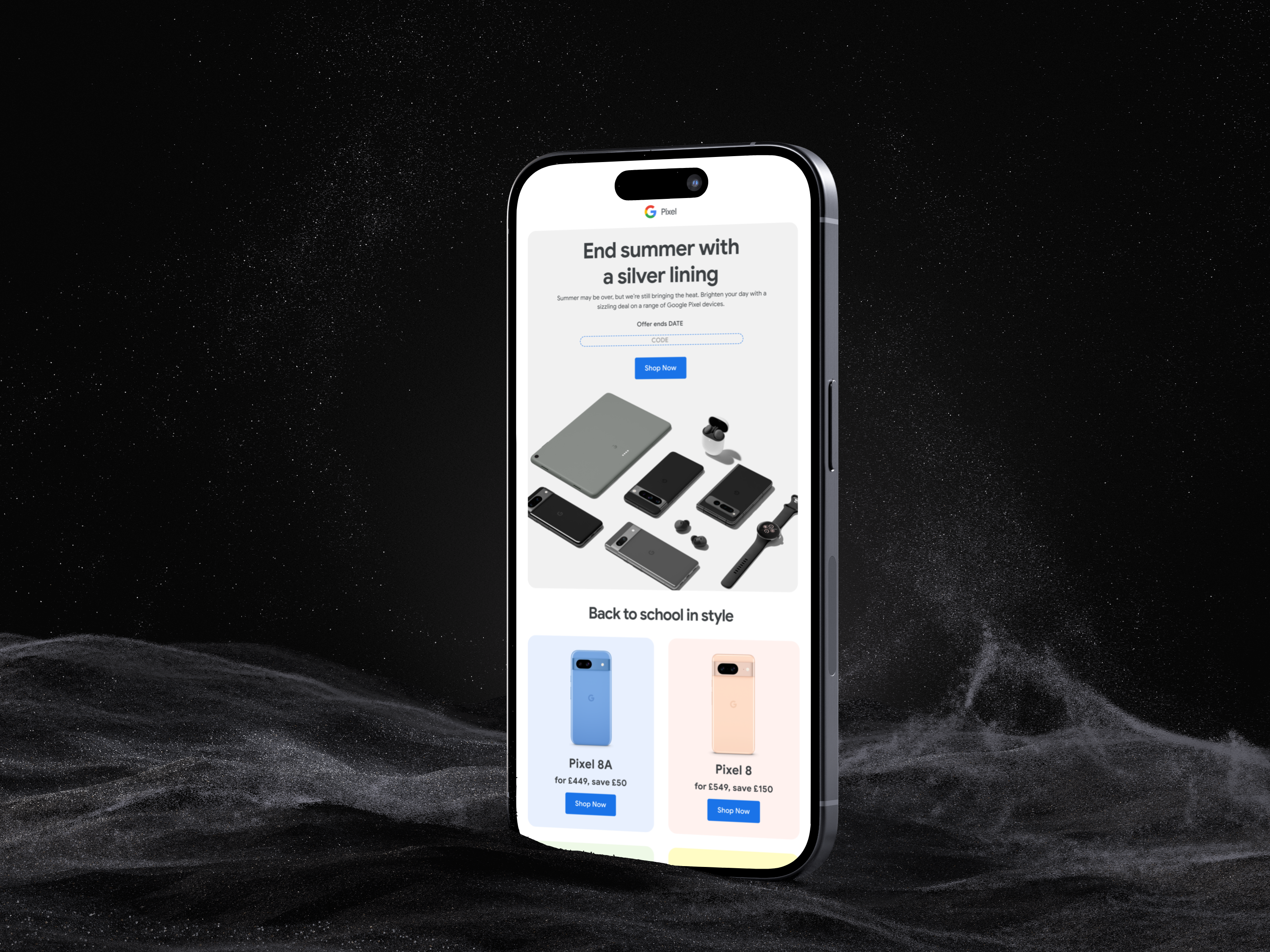A Pixel 'End summer with a silver lining' offer email with a back-to-school device grid, shown on an iPhone against a dark starfield
