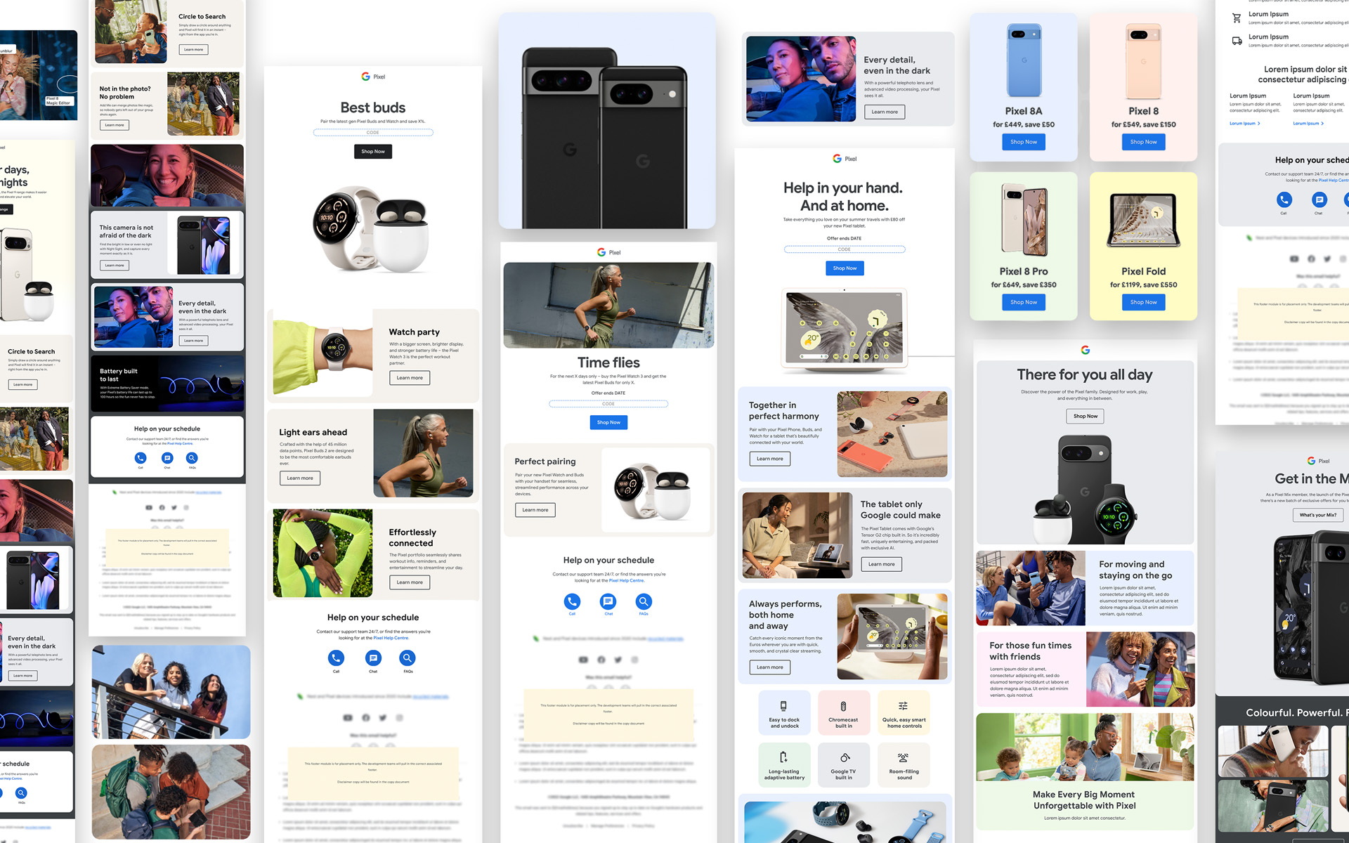 A grid of Google Store and Pixel CRM emails covering product education, seasonal offers, device comparison and the full Pixel ecosystem