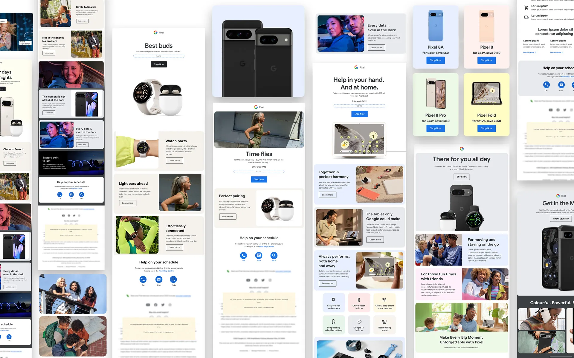 A grid of Google Store and Pixel CRM emails covering product education, seasonal offers, device comparison and the full Pixel ecosystem