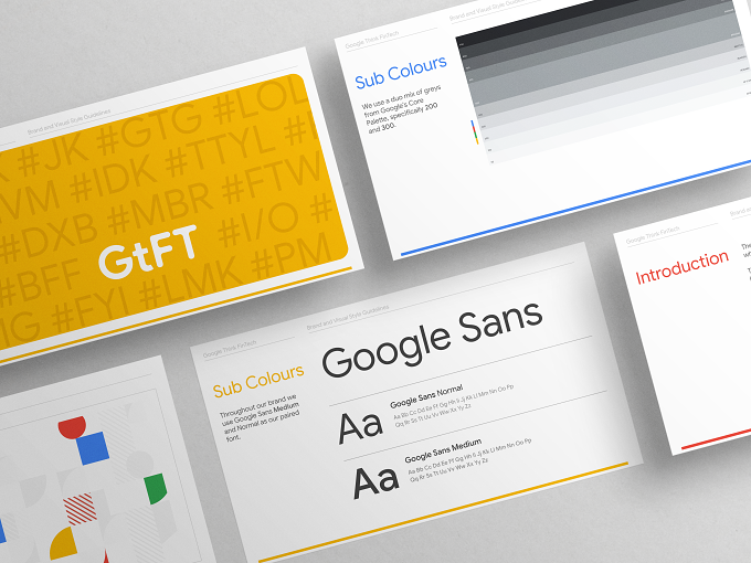 Brand and visual style guideline pages showing the sub-colour palette, Google Sans typography and cover spread