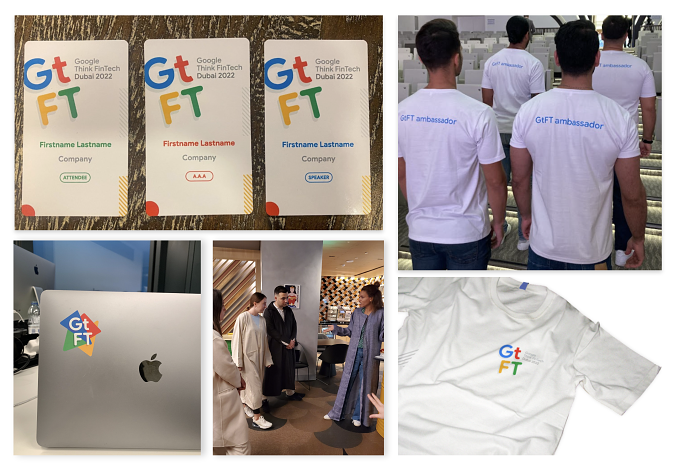 Collage of event badges, GtFT ambassador t-shirts, a laptop with a GtFT sticker and attendees at the merchandise table