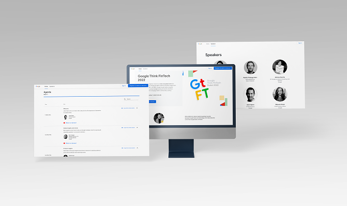 Mockup of the event's digital templates — homepage, agenda and speakers pages