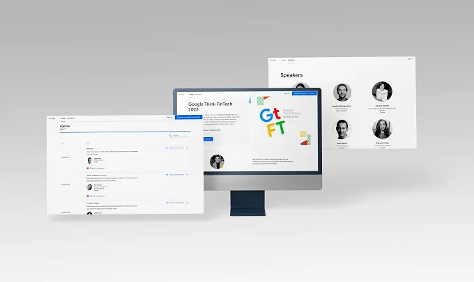 Mockup of the event's digital templates — homepage, agenda and speakers pages