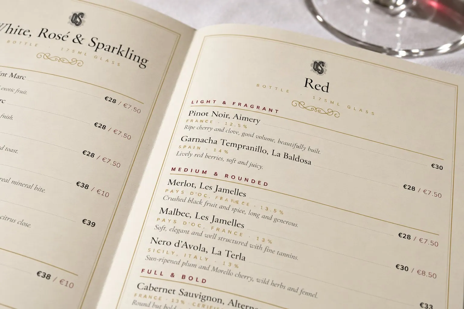 Close-up of the red wine page, grouped into Light and Fragrant and Medium and Rounded