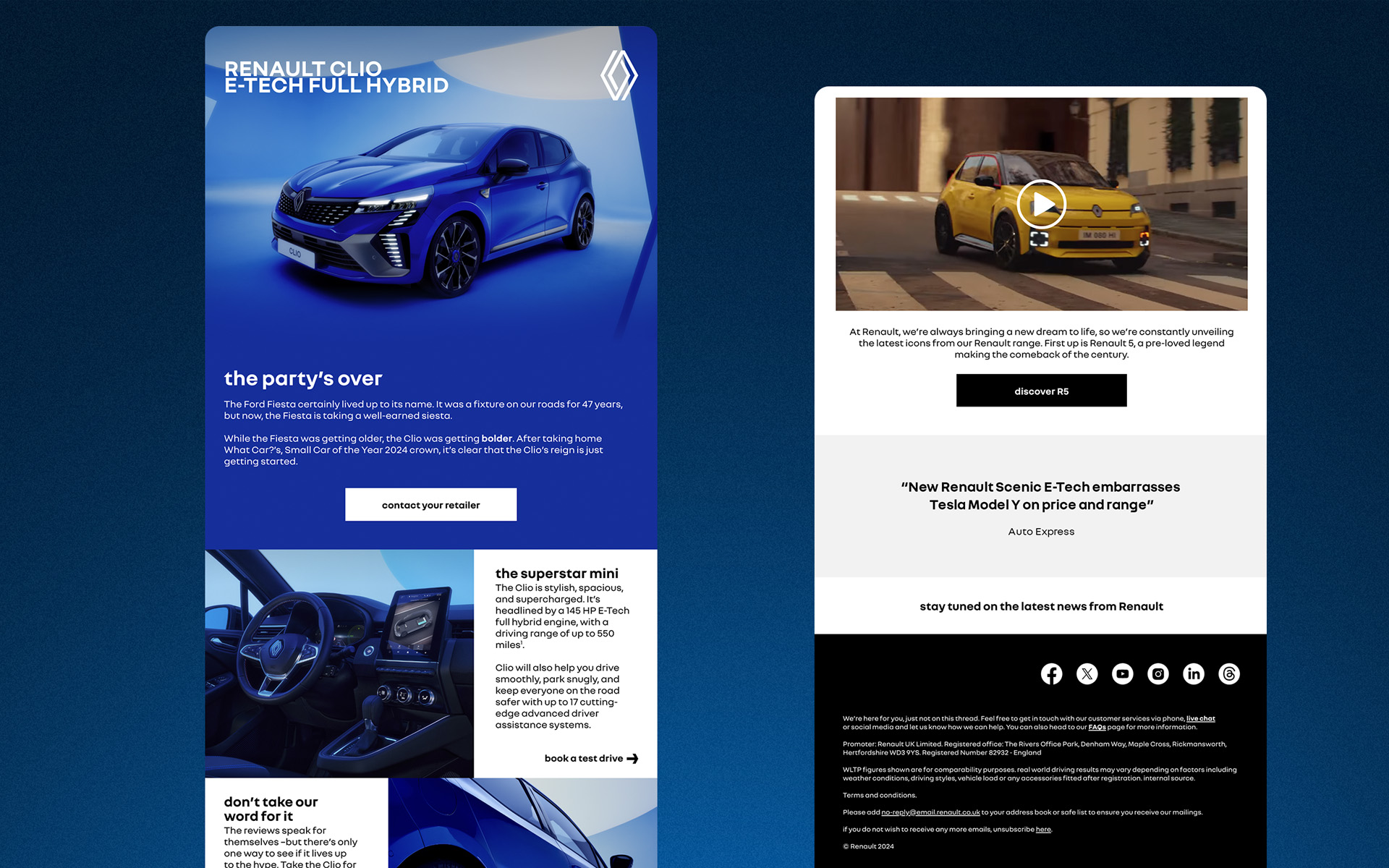 Two Renault CRM emails side by side: a Clio E-Tech full hybrid retailer email with a blue gradient hero and interior detail shot, next to a Renault 5 email with a video hero and a press pull-quote from Auto Express