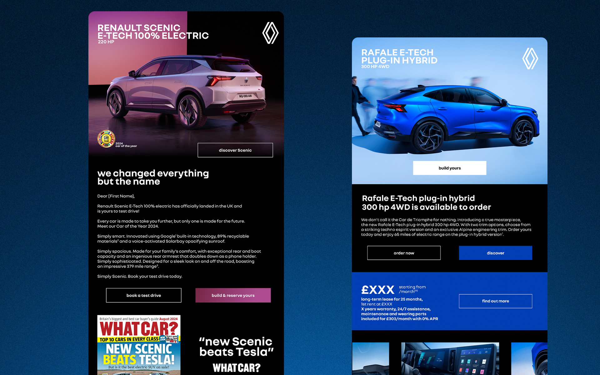 Renault Scénic E-Tech launch email with a pink-to-black hero next to a Rafale E-Tech order email with a light blue hero and finance offer block