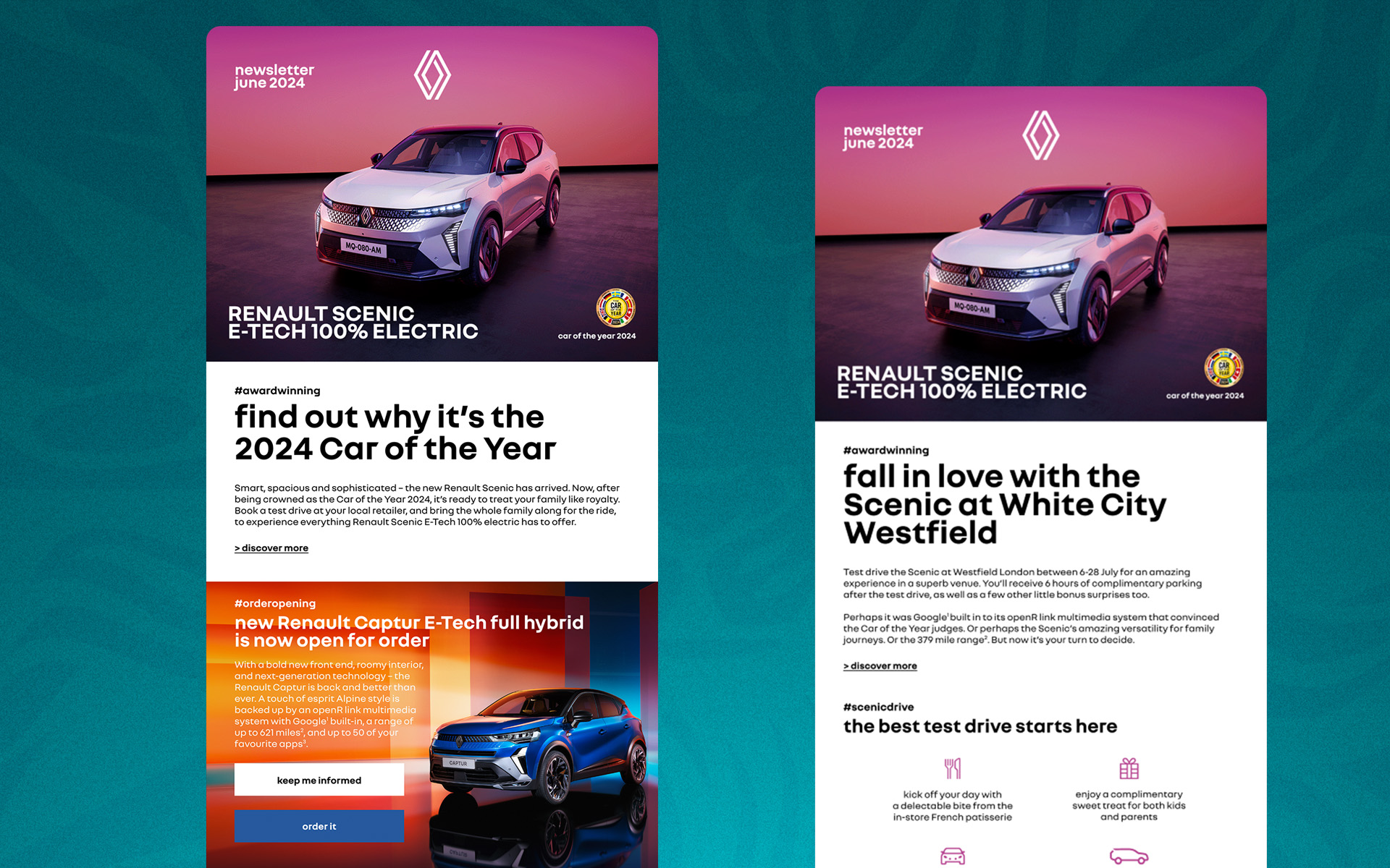Two Renault monthly newsletters side by side, each opening with a Scénic E-Tech hero and Car of the Year badge, followed by modular sections for a Captur order-opening and a Scénic test-drive retail activation at Westfield