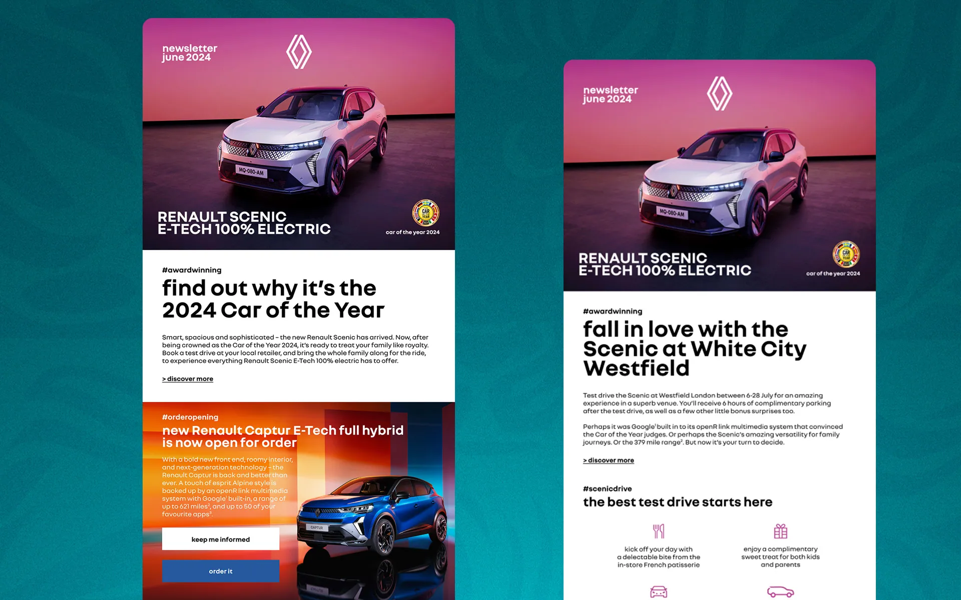 Two Renault monthly newsletters side by side, each opening with a Scénic E-Tech hero and Car of the Year badge, followed by modular sections for a Captur order-opening and a Scénic test-drive retail activation at Westfield