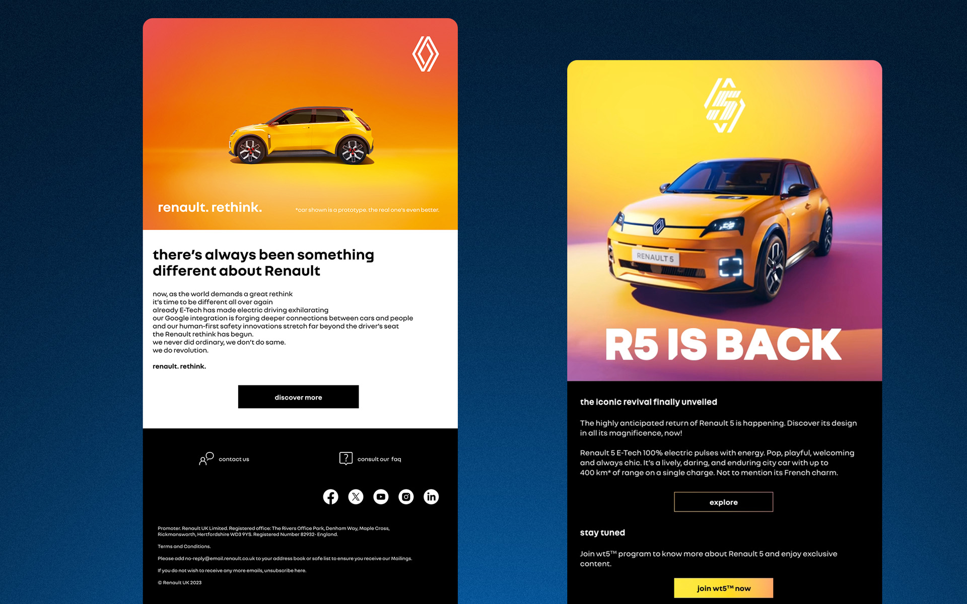 Two Renault brand emails side by side: an early 'renault. rethink.' campaign email with a warm gradient hero and a footer of contact and FAQ icons, next to a Renault 5 teaser built around an R5-shaped diamond mark and a 'join wt5' waitlist call to action