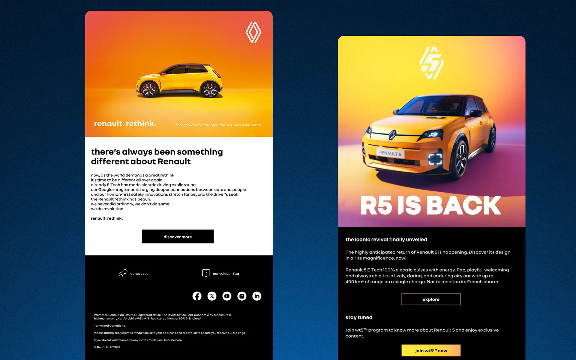 Two Renault brand emails side by side: an early 'renault. rethink.' campaign email with a warm gradient hero and a footer of contact and FAQ icons, next to a Renault 5 teaser built around an R5-shaped diamond mark and a 'join wt5' waitlist call to action