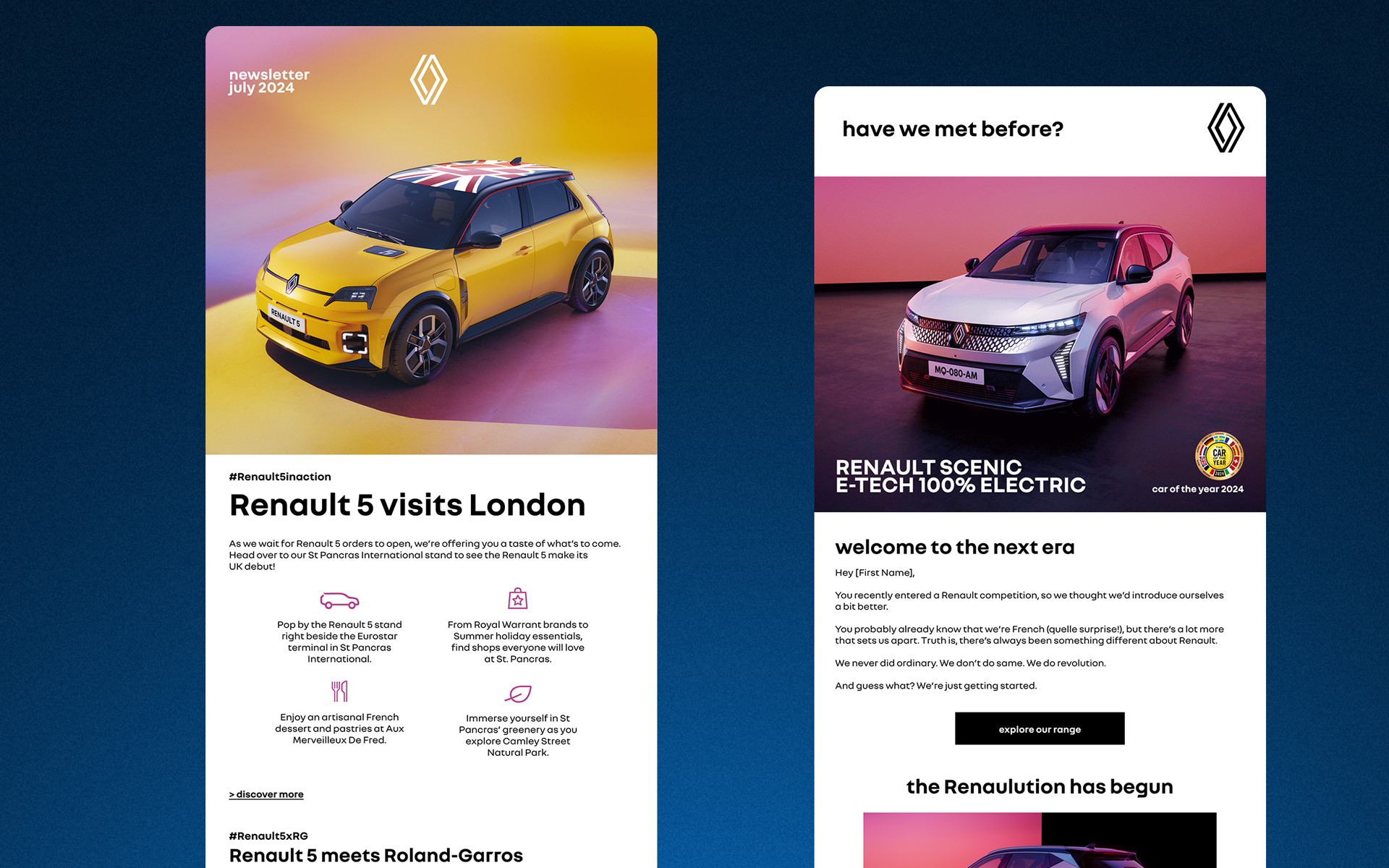 Two Renault emails side by side: a newsletter covering a Renault 5 retail activation at St Pancras International, next to a welcome-flow email introducing new sign-ups to the brand with a Scénic hero