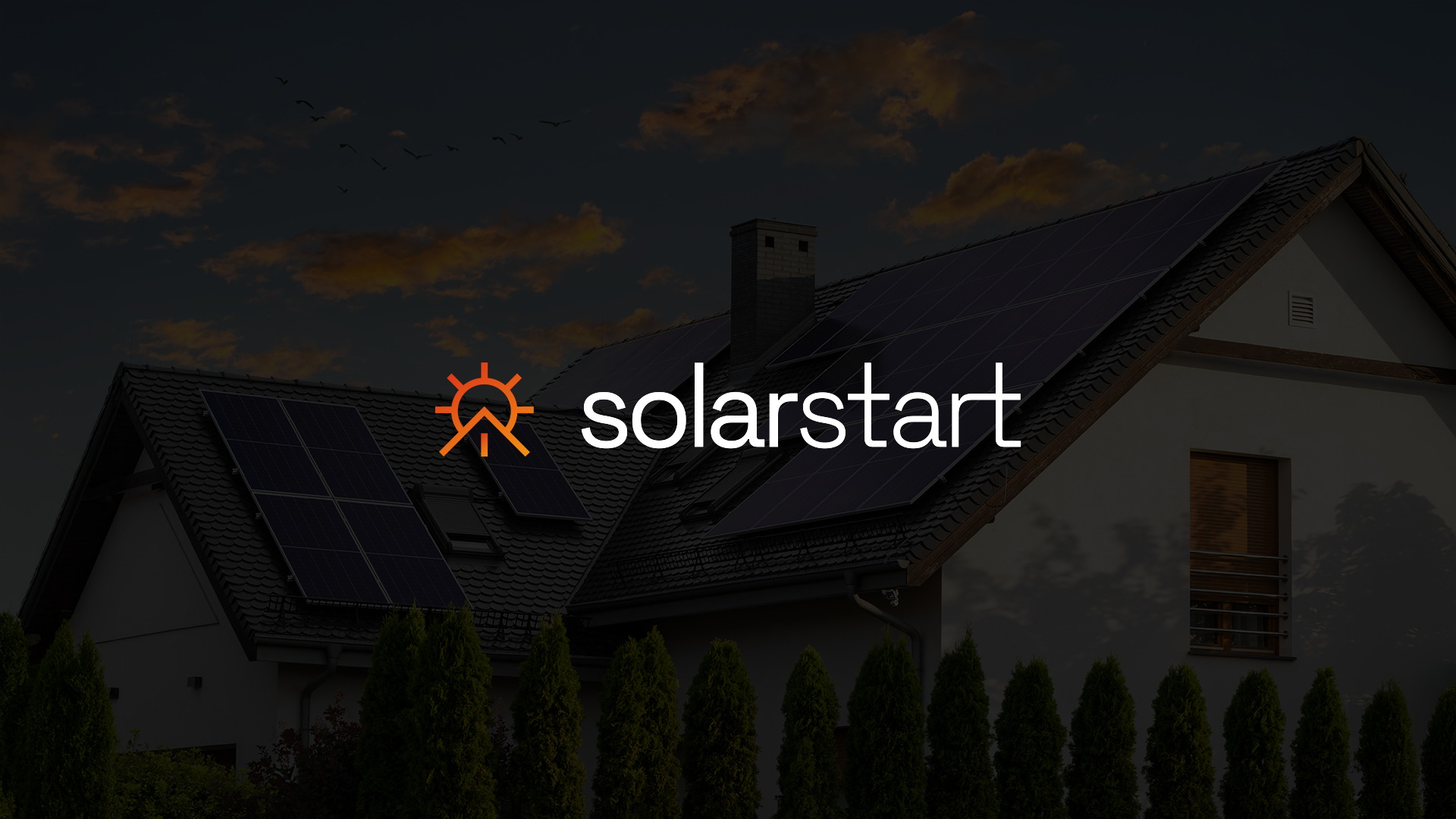 SolarStart brand identity: the sun-and-roofline mark on a dusk photo of a solar-panelled roof