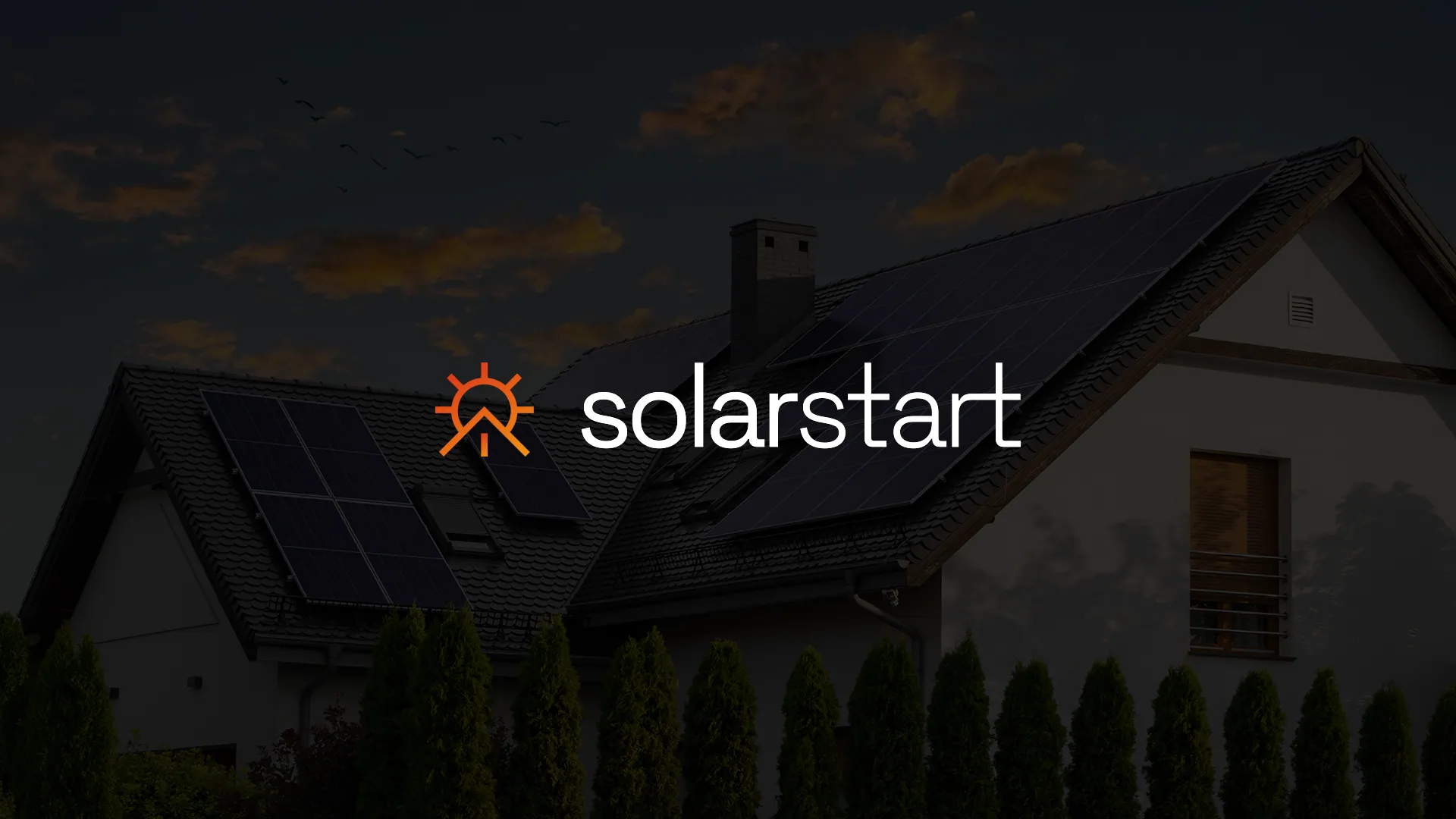 SolarStart brand identity: the sun-and-roofline mark on a dusk photo of a solar-panelled roof