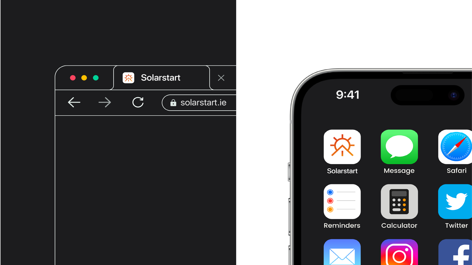 A dark browser tab showing the solarstart favicon and solarstart.ie address bar, beside an iPhone home screen with the SolarStart app icon among other apps