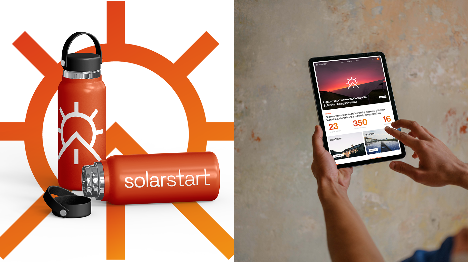 An orange water bottle printed with the solarstart mark and wordmark, beside a tablet showing the SolarStart website with residential and business sections