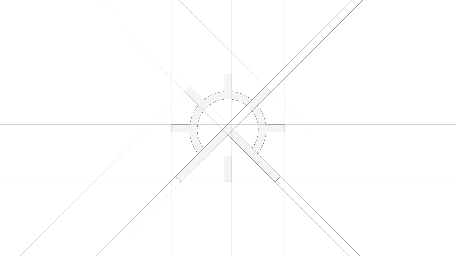 Construction-grid diagram showing the sun-and-roofline mark alone, built on intersecting grid lines and diagonals