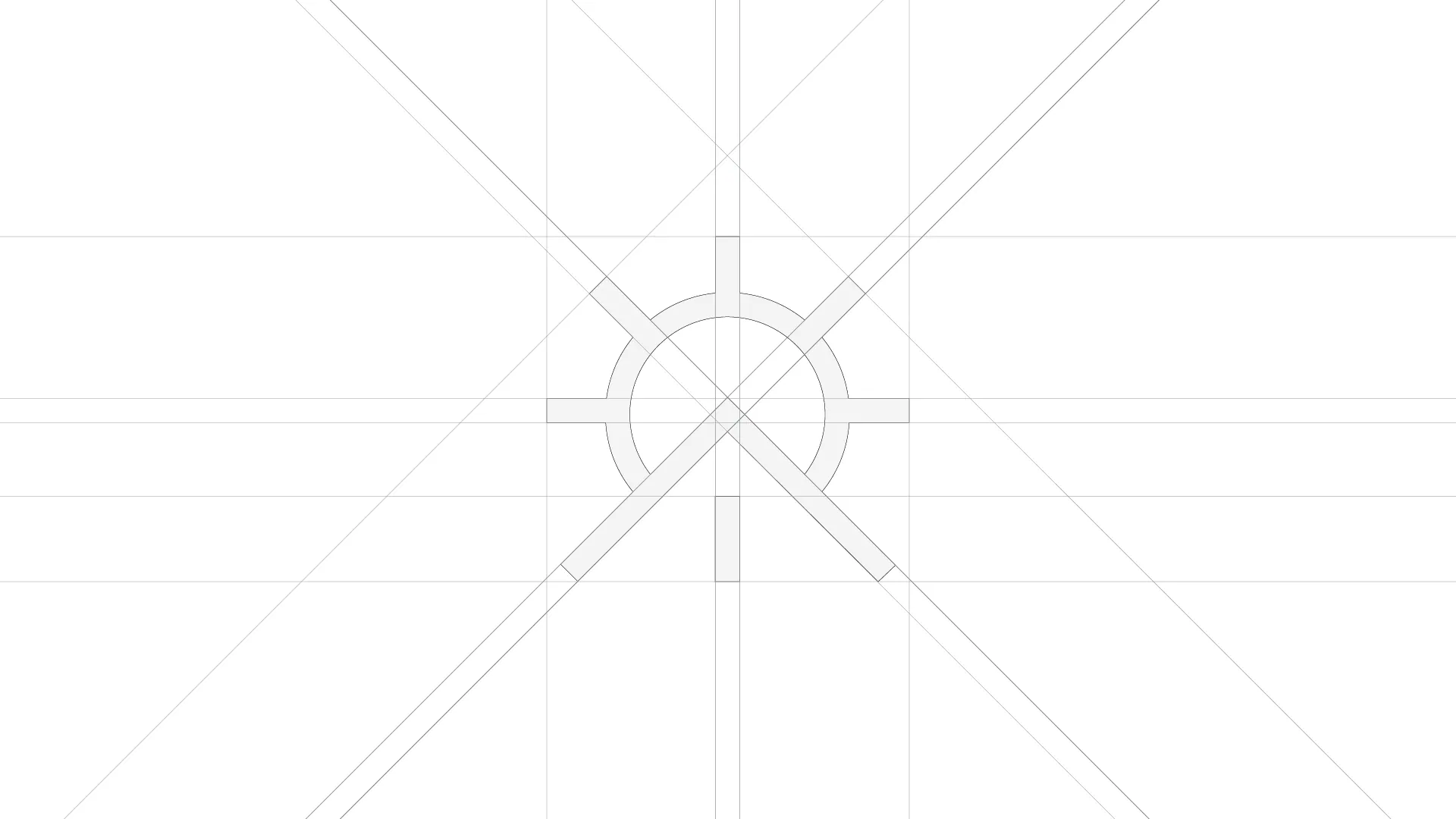 Construction-grid diagram showing the sun-and-roofline mark alone, built on intersecting grid lines and diagonals