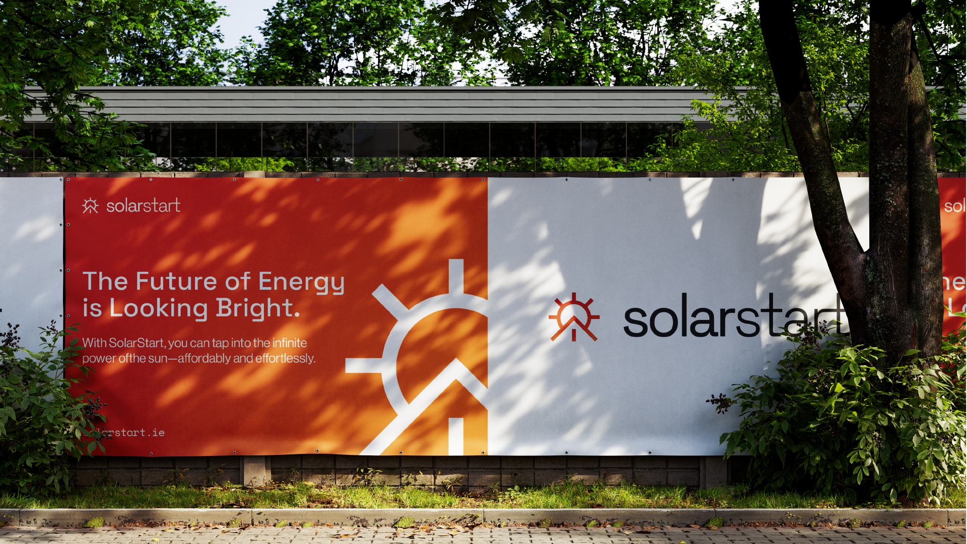 Construction-hoarding mockup split into an orange panel reading 'The Future of Energy is Looking Bright' and a white panel with the solarstart wordmark and mark