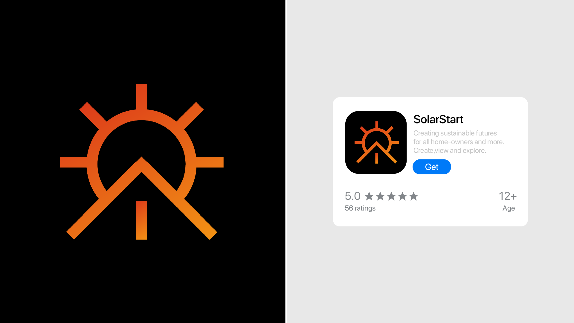 A black rounded-square SolarStart app icon beside an App Store listing card showing a 5.0 rating and a Get button